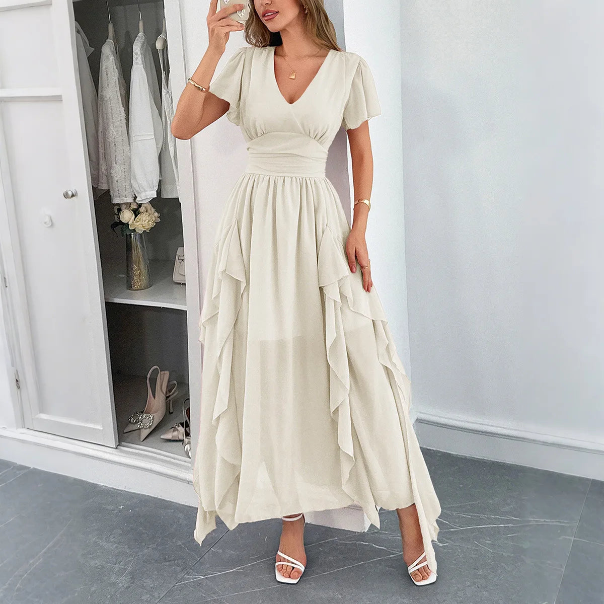 Elegant short-sleeved deep V long dress