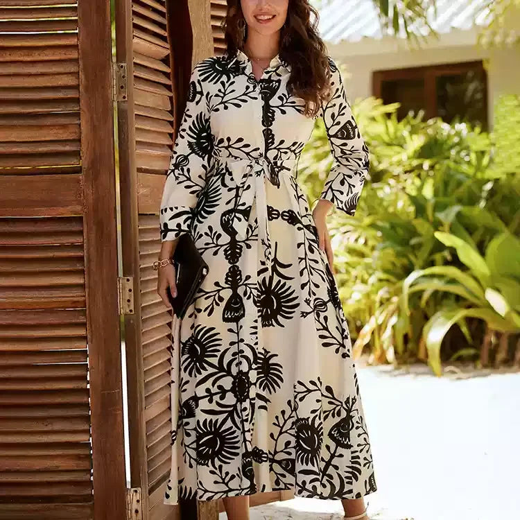 Cotton Printed Tie Waist Shirt Dress