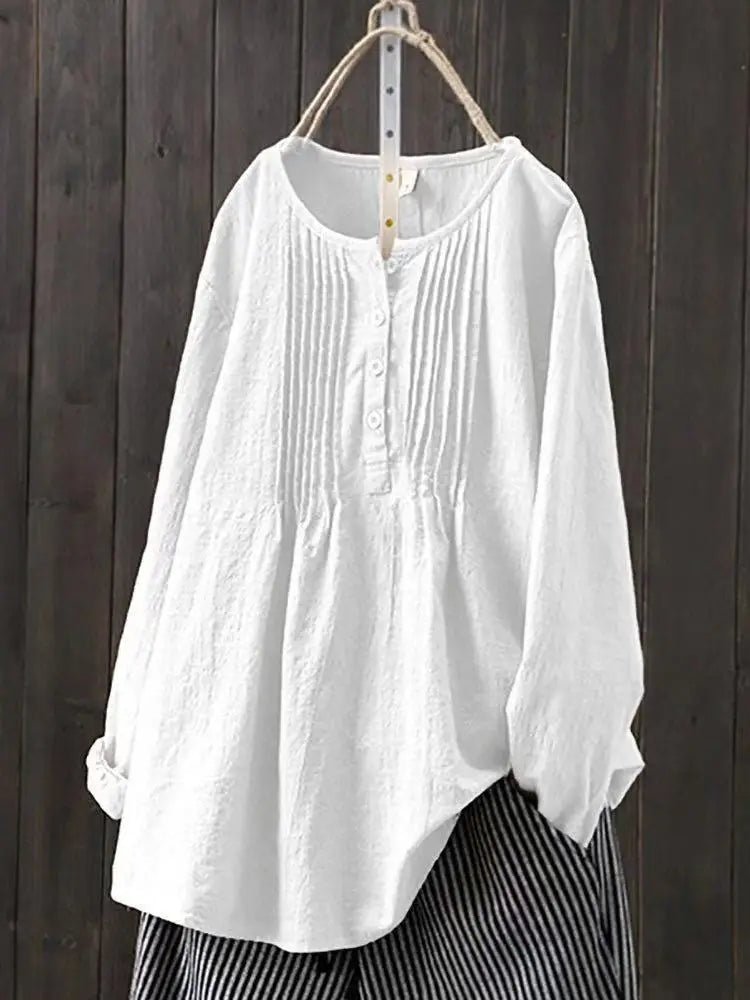 Cotton Linen Pleated Round Neck Long Sleeve Shirt