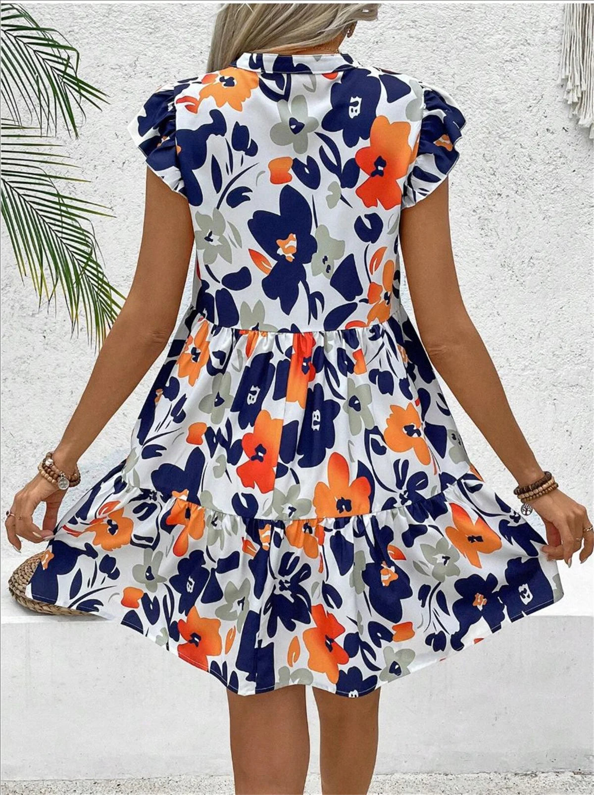 Printed Notched Neck Flutter Sleeve Mini Dress