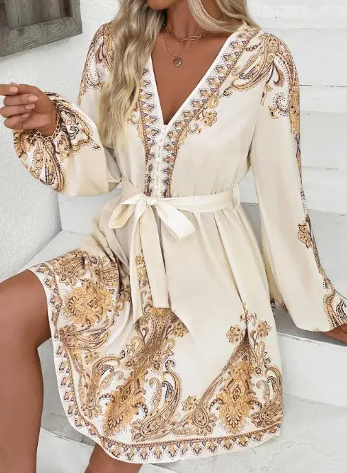 Elegant ethnic retro style V-neck paisley print dress