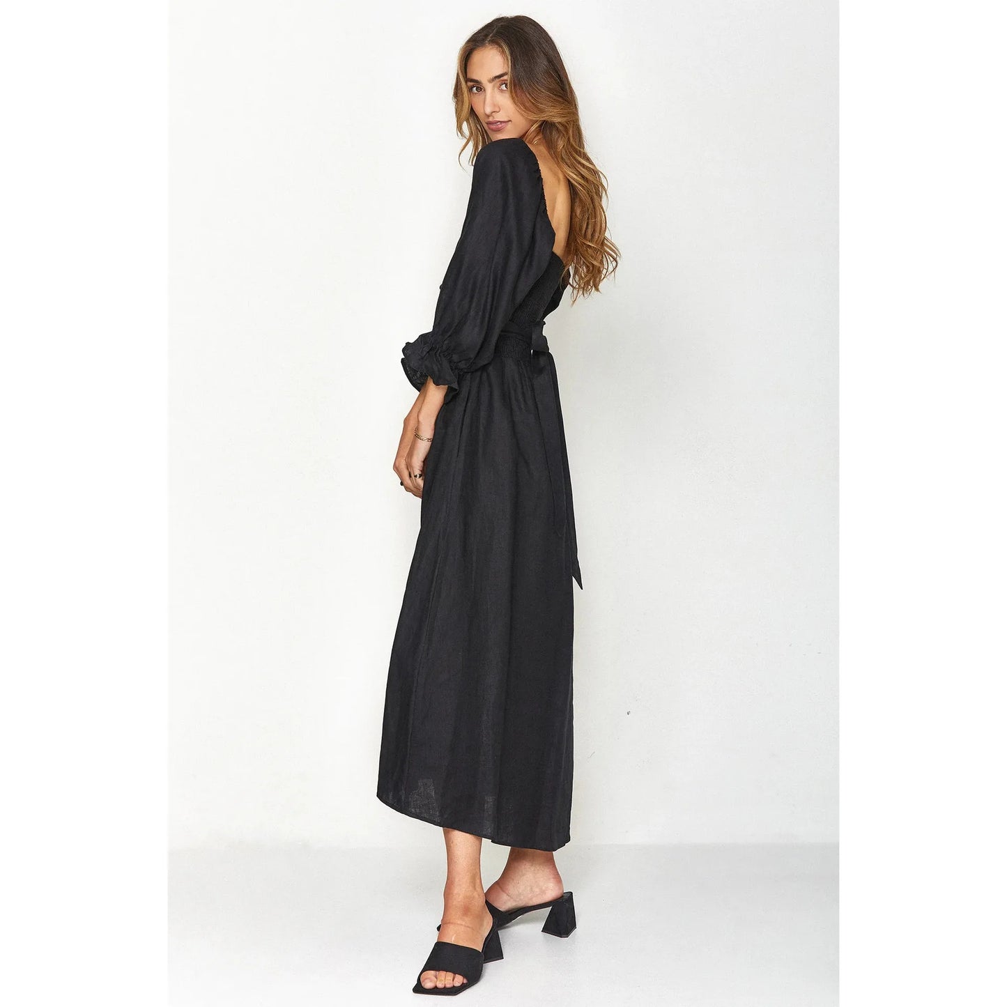 Smocked Tied Flounce Sleeve Midi Dress