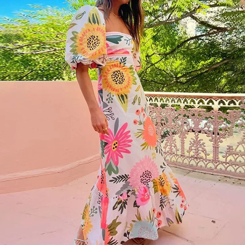 Floral Square Neck Puff Sleeve Maxi Dress with Ruffle Hem