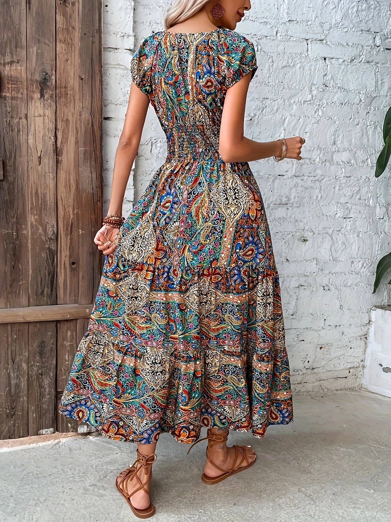 Printed V-Neck Cap Sleeve Dress