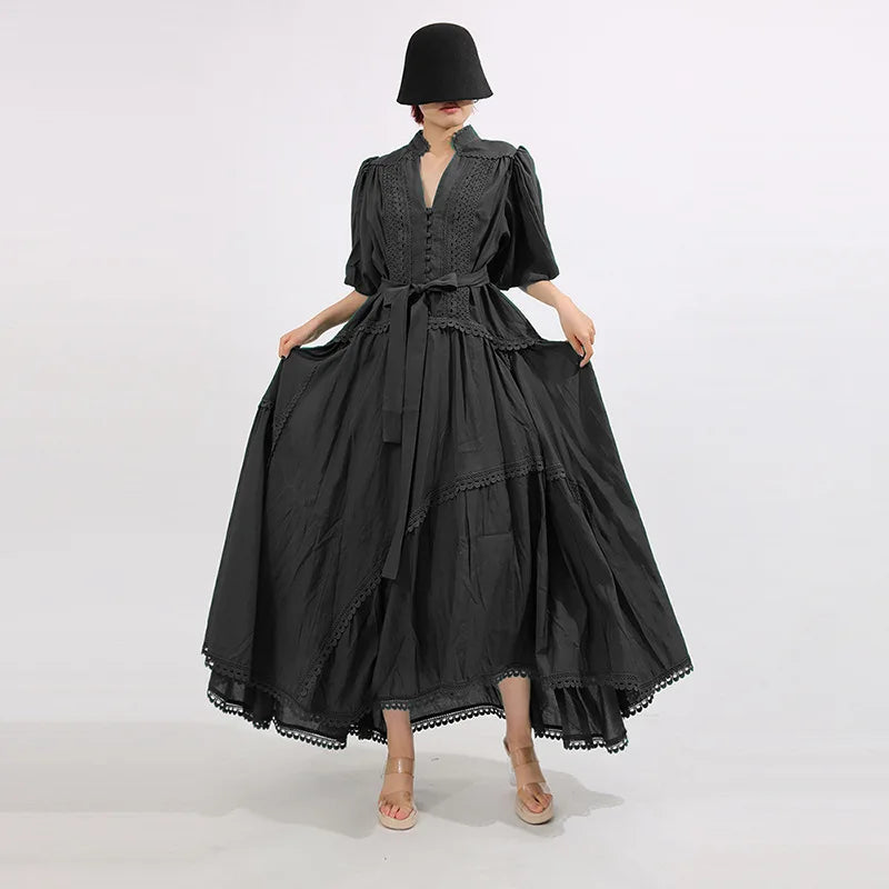 French ElegantLace Detail Notched Puff Sleeve Maxi Dress