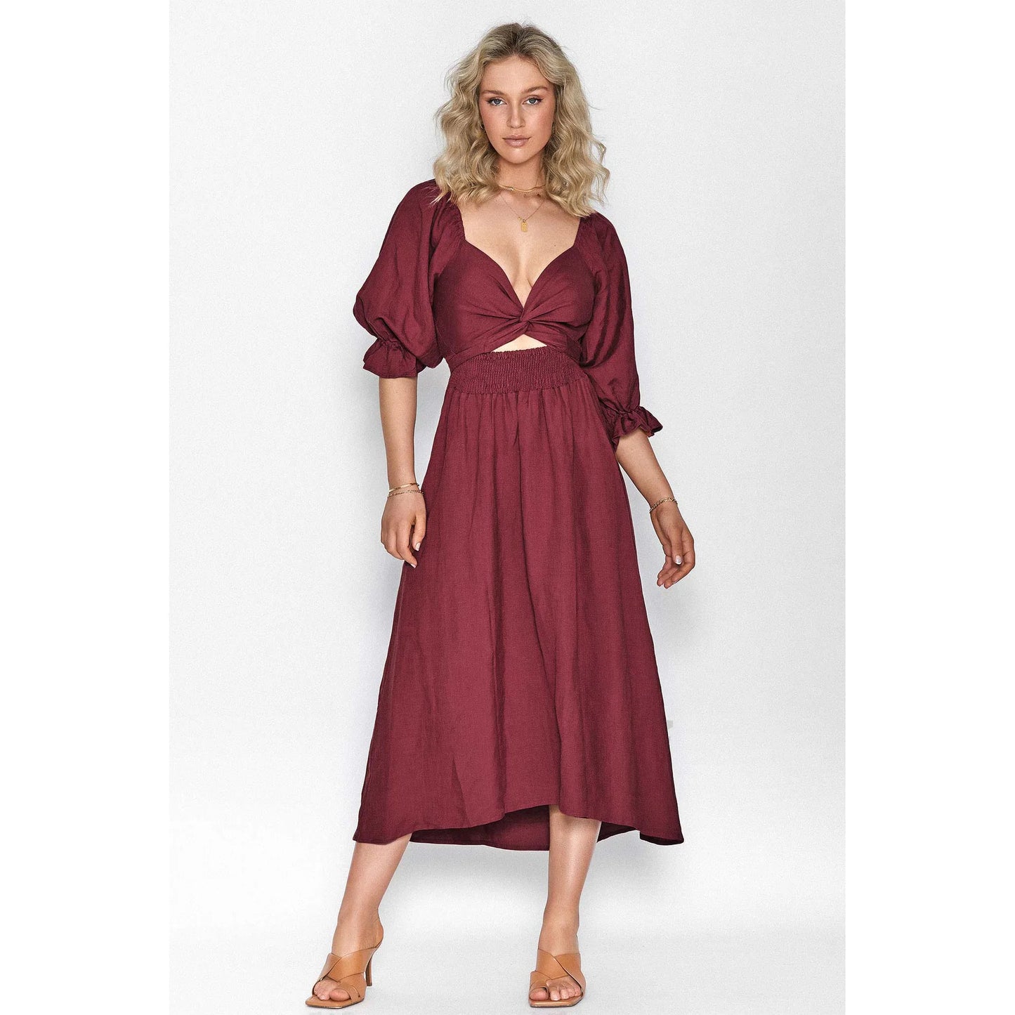 Smocked Tied Flounce Sleeve Midi Dress