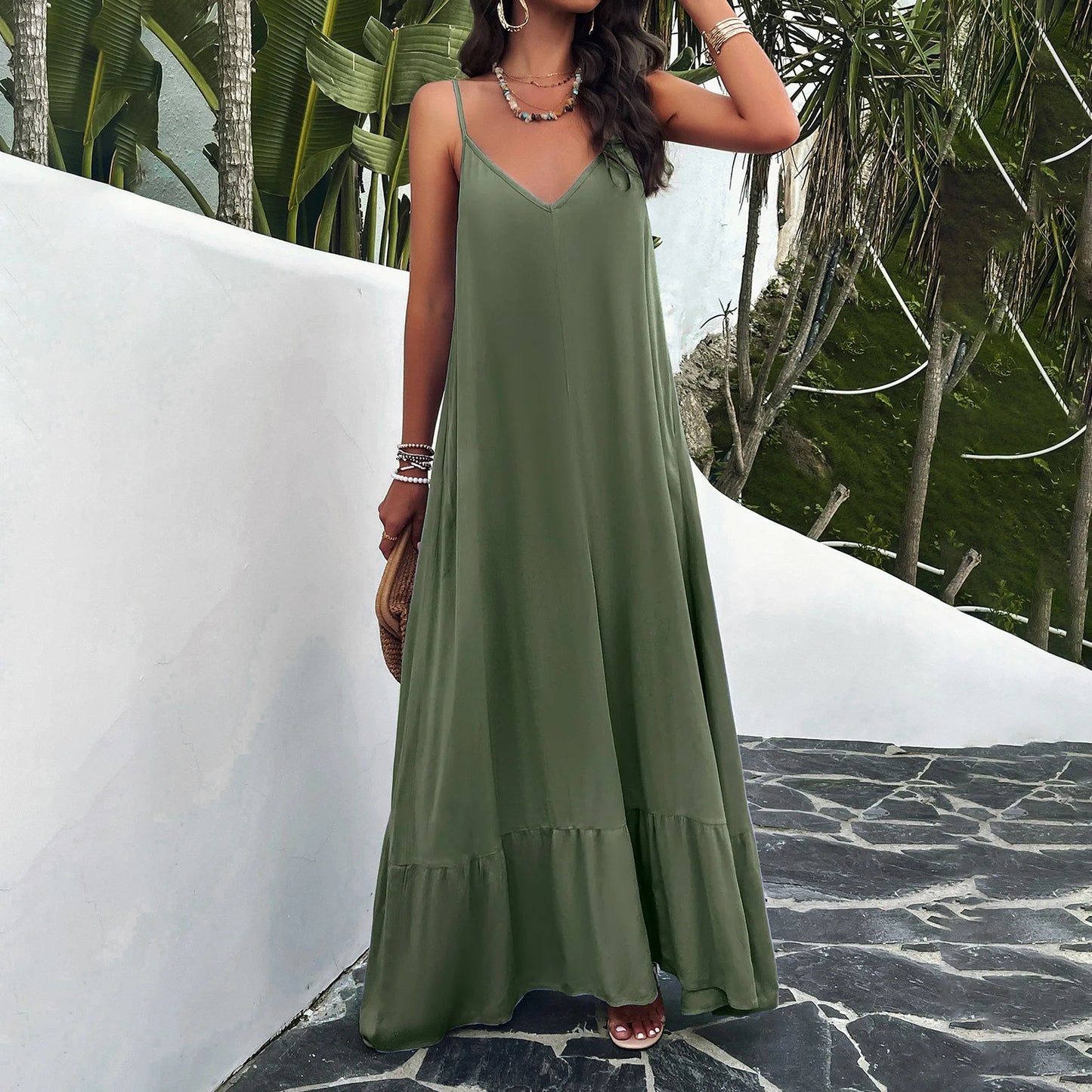 Elegant Solid Color Strep Maxi Dress