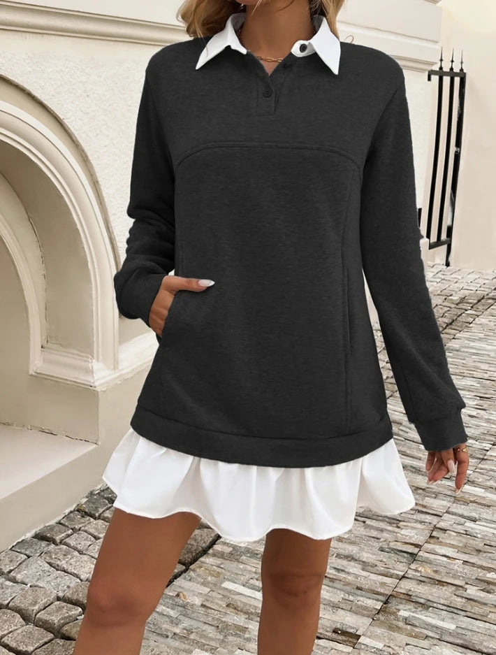 Loose Pocket Patchwork Polo Neck Sweatshirt Dresses