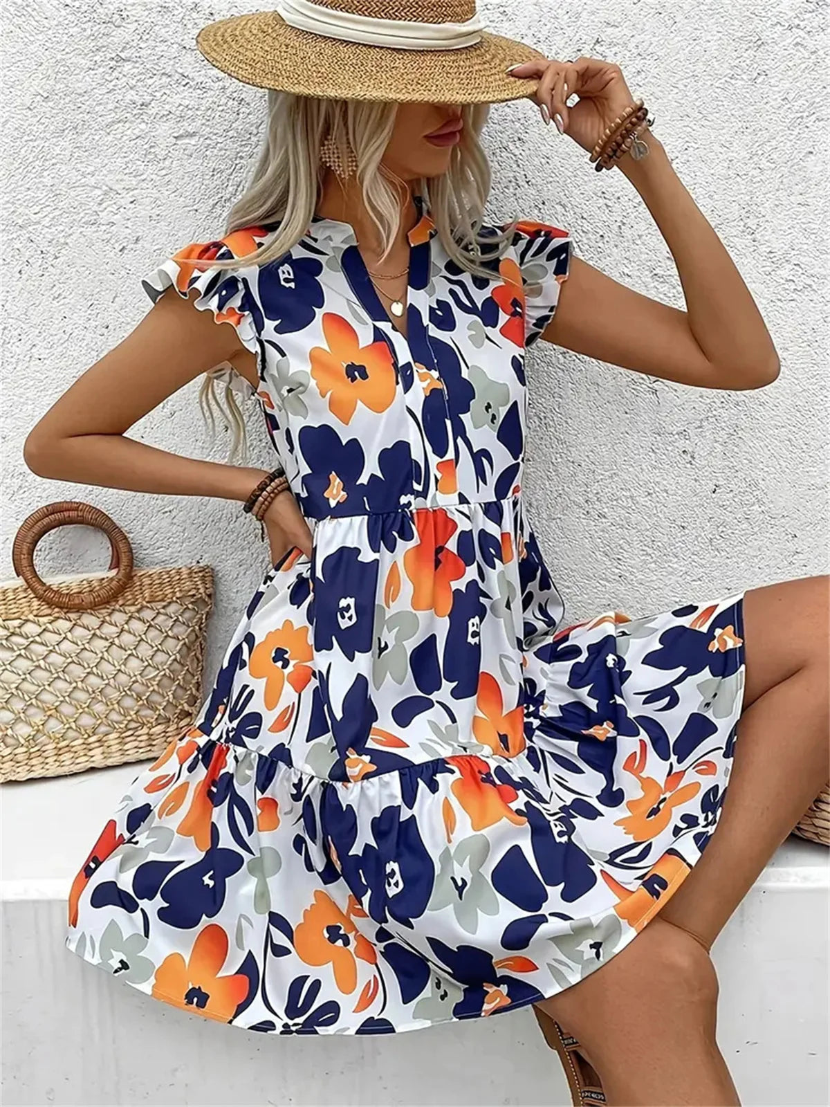 Printed Notched Neck Flutter Sleeve Mini Dress
