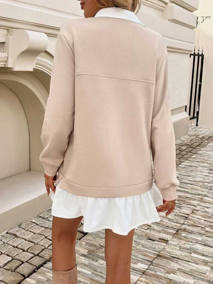 Loose Pocket Patchwork Polo Neck Sweatshirt Dresses