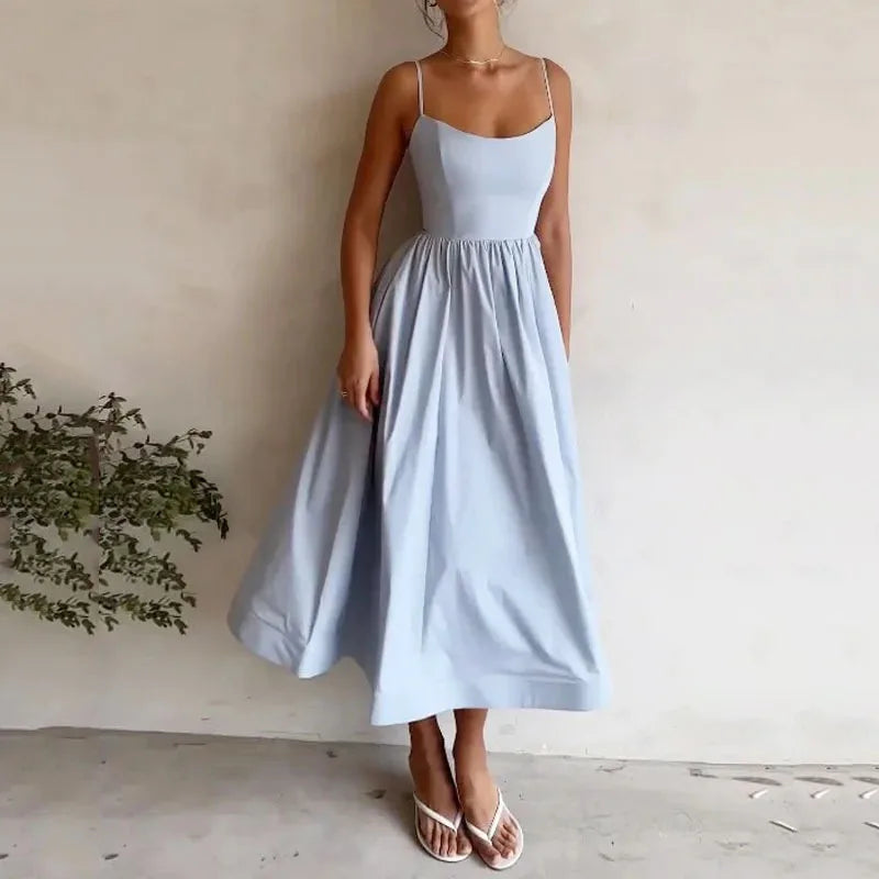 Janet’s U-Neck Pleated Strap Midi Dress