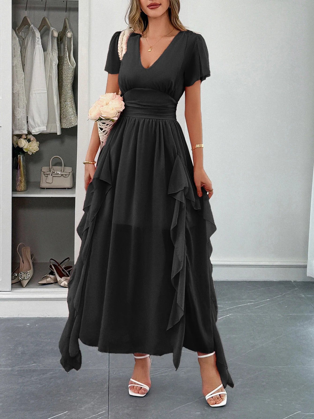 Elegant short-sleeved deep V long dress