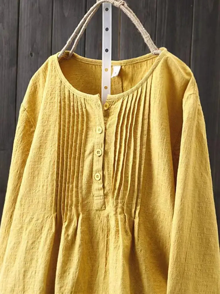 Cotton Linen Pleated Round Neck Long Sleeve Shirt