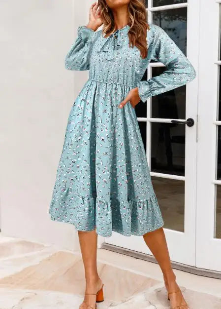 Ruffled Hem Floral Print Long Sleeve Dress