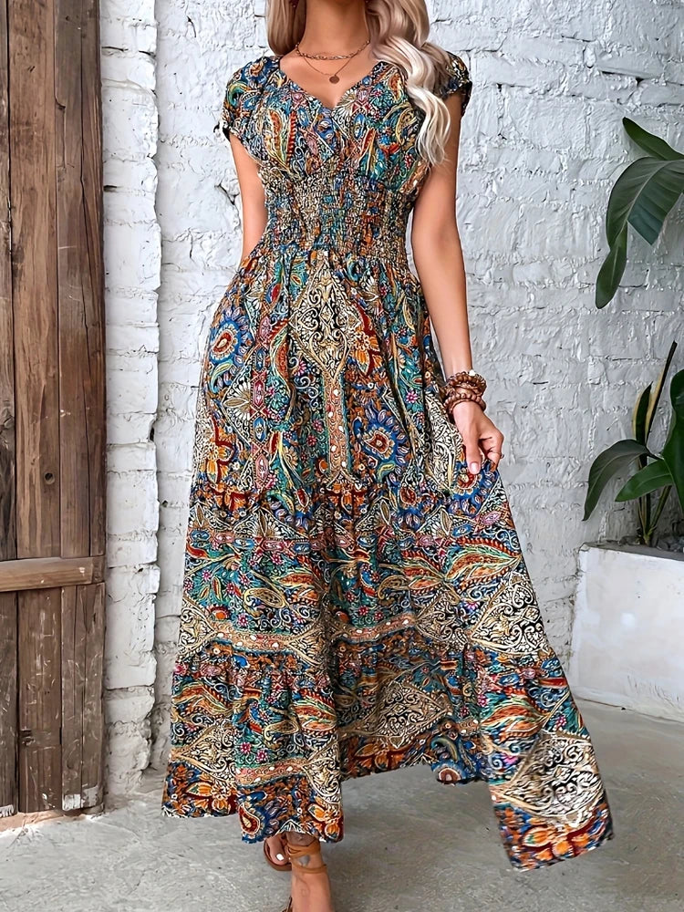 Printed V-Neck Cap Sleeve Dress