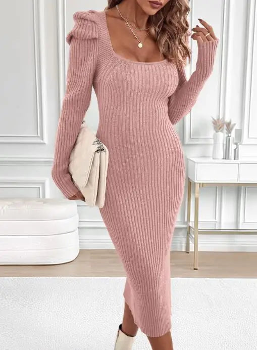 Ribbed Knit Square Neck Bodycon Sweater Dress
