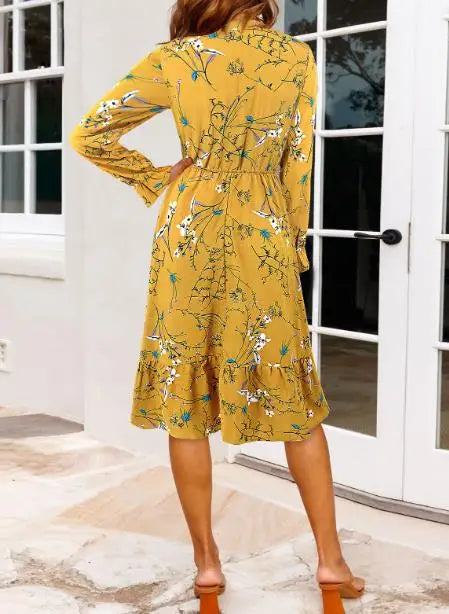 Ruffled Hem Floral Print Long Sleeve Dress