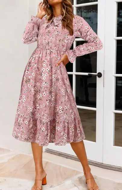 Ruffled Hem Floral Print Long Sleeve Dress