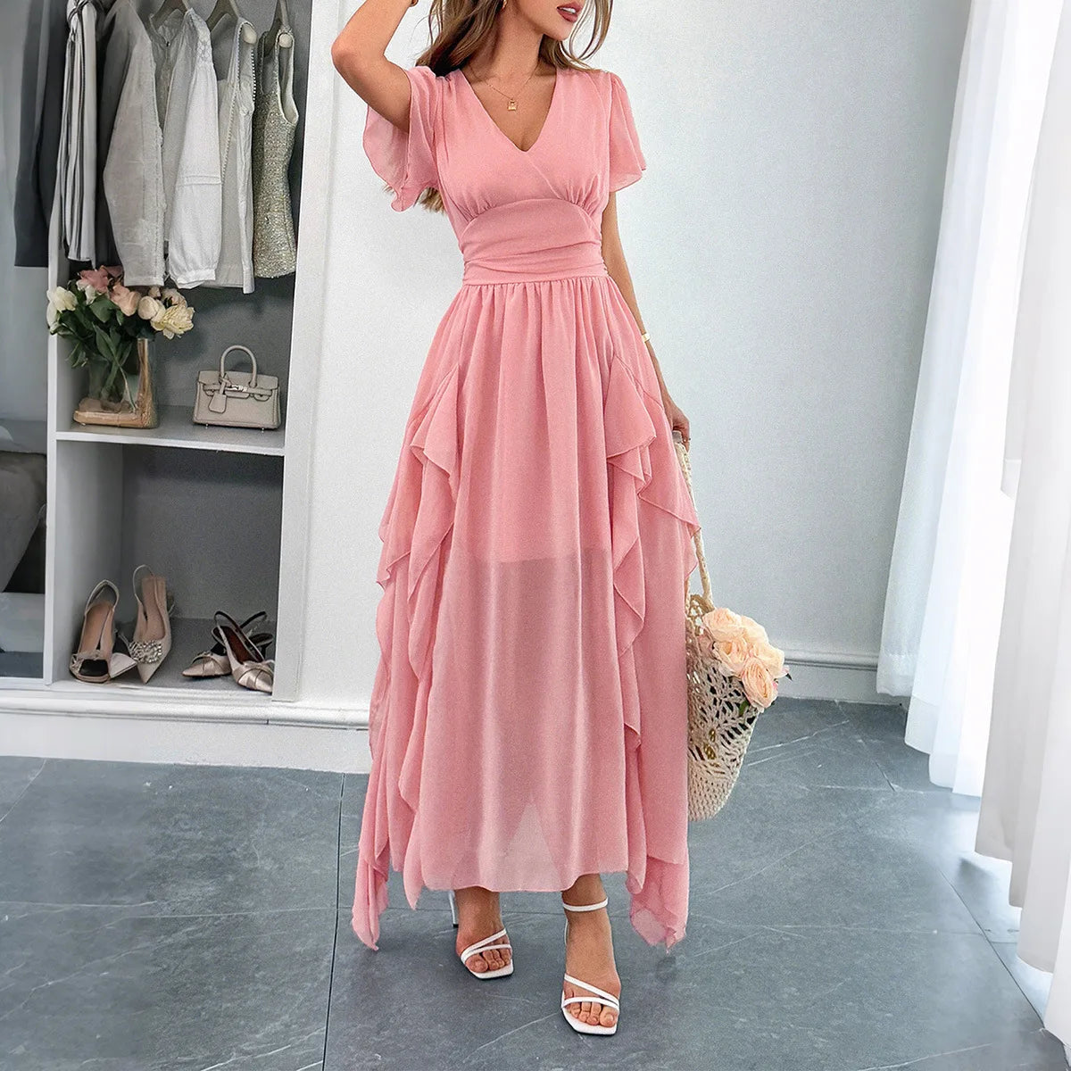 Elegant short-sleeved deep V long dress