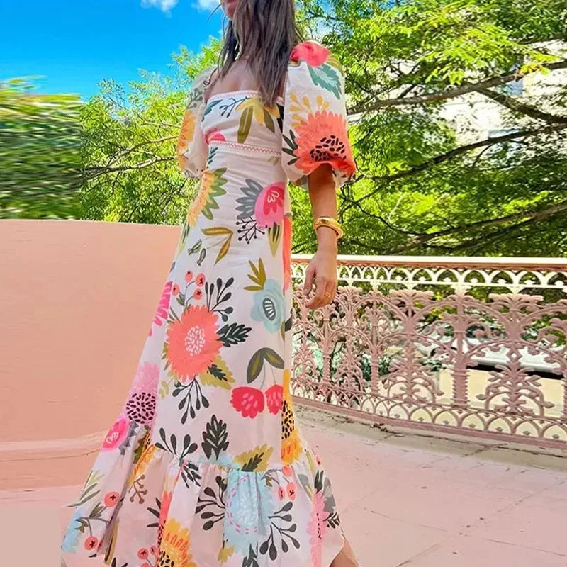 Floral Square Neck Puff Sleeve Maxi Dress with Ruffle Hem