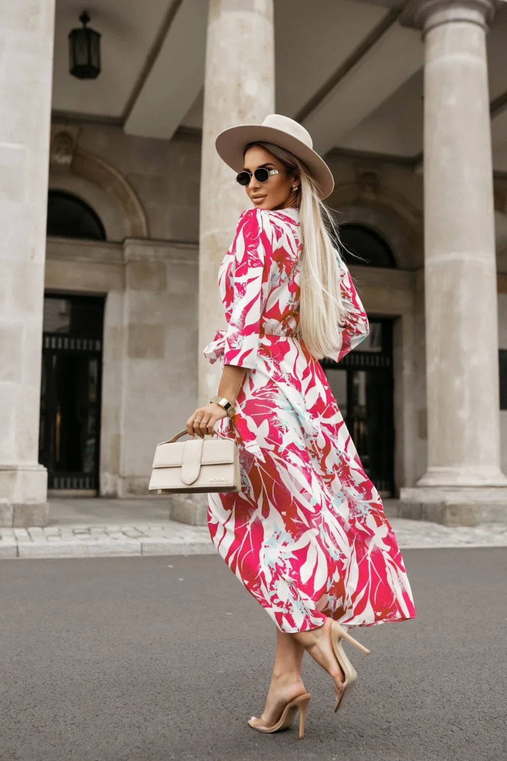 Printed Surplice Long Sleeve Wrap Dress