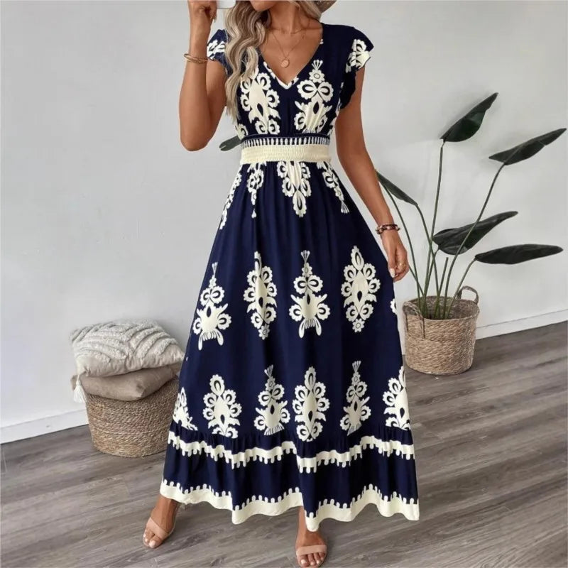 Printed V-Neck Ruffled Cap Sleeve Dress
