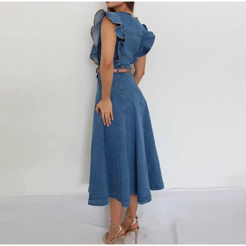 Button-Front Ruffle Sleeve Denim Midi Dress