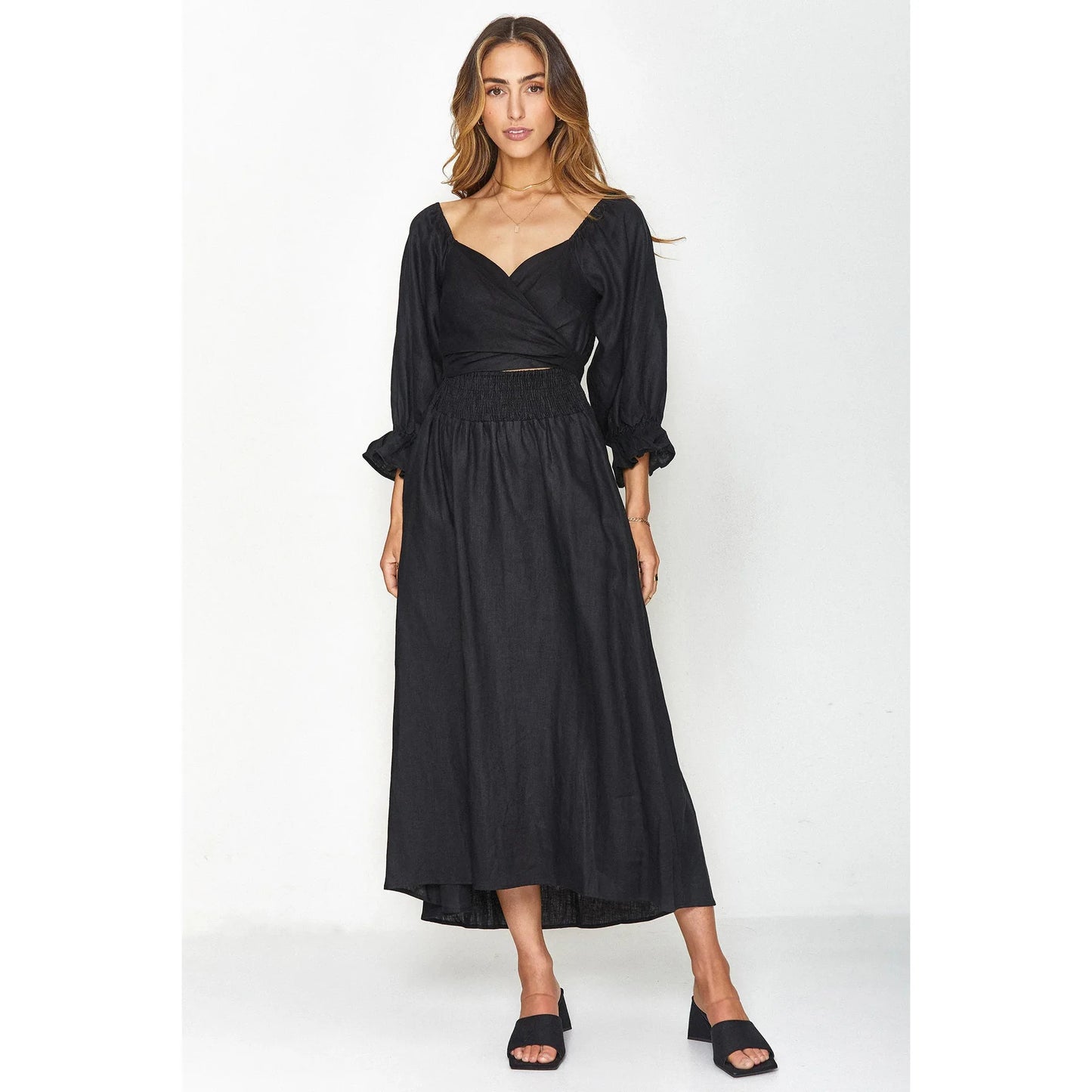 Smocked Tied Flounce Sleeve Midi Dress