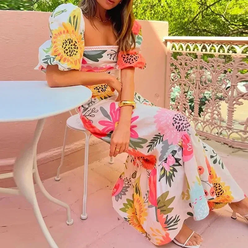Floral Square Neck Puff Sleeve Maxi Dress with Ruffle Hem
