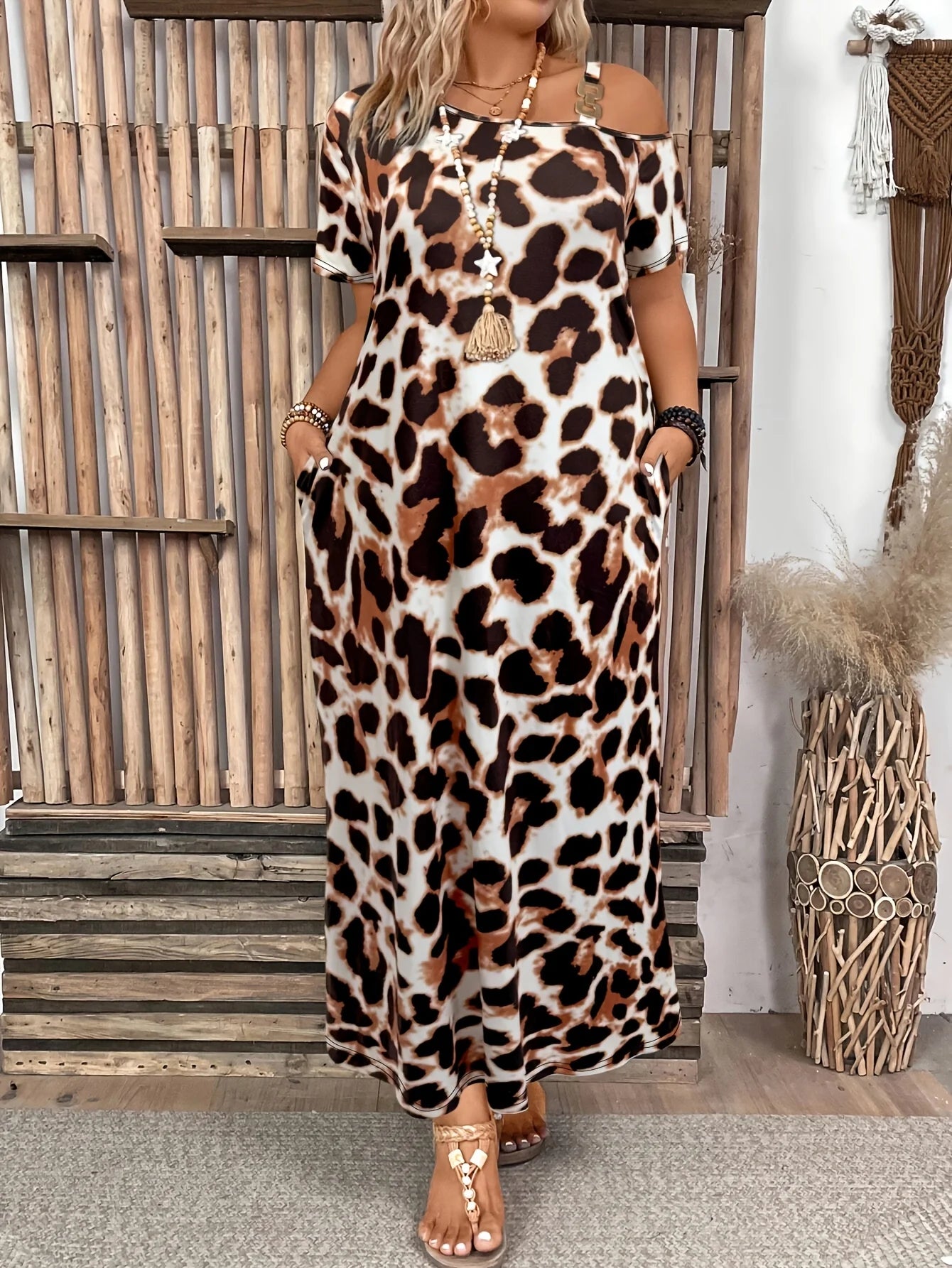 Plus Size Leopard Print Short Sleeve Maxi Dress with Side Slit