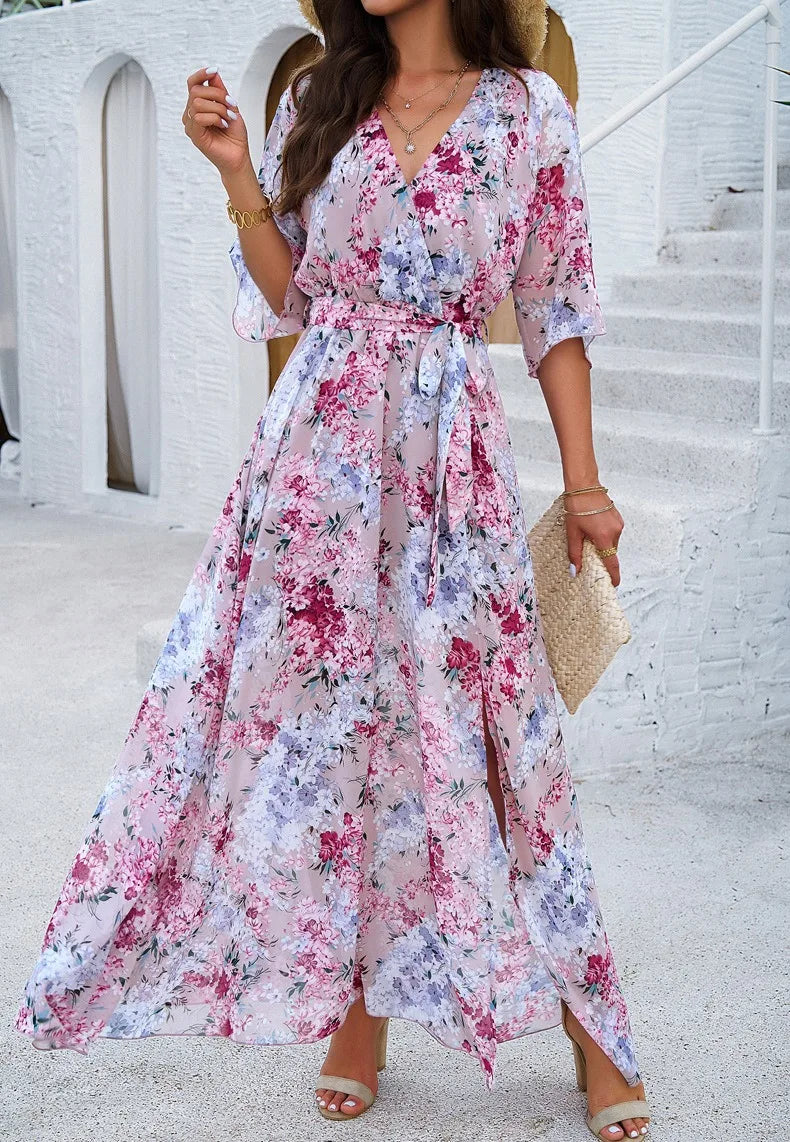 Holiday pink printed tie maxi dress