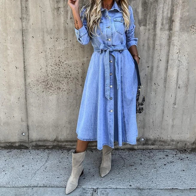 Full Size Tie Waist Button Front Denim Shirt Dress Plus Size