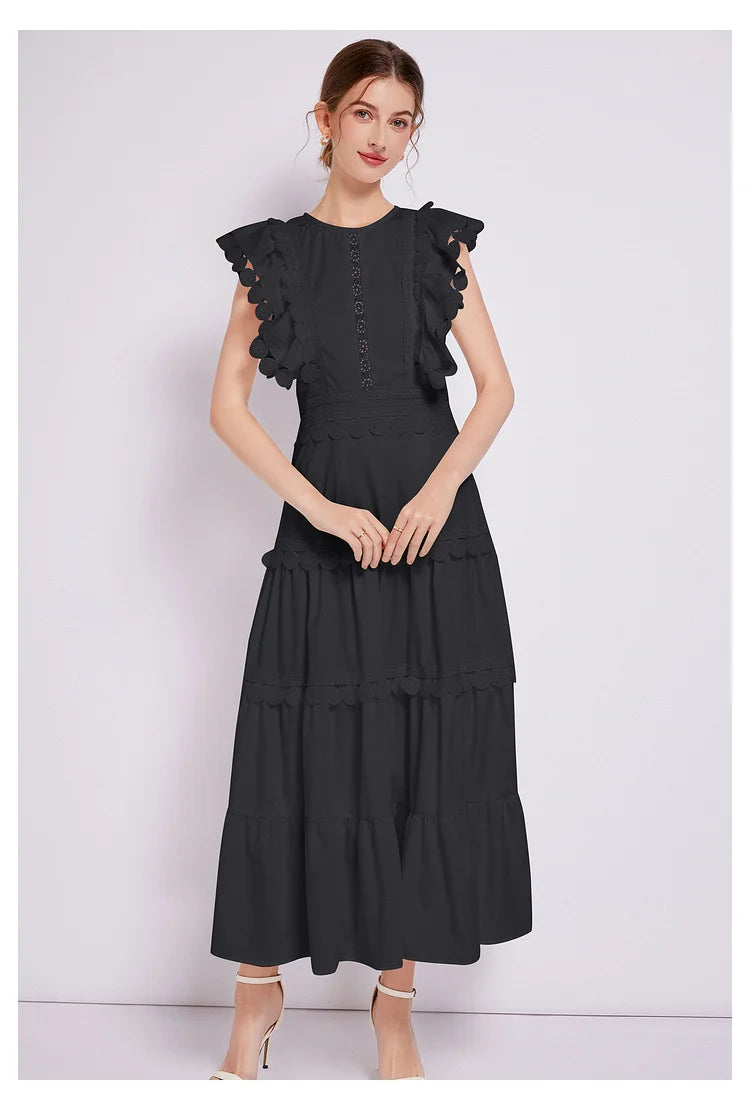 Sleeveless Ruffled Tiered Dress with Embroidered Trim