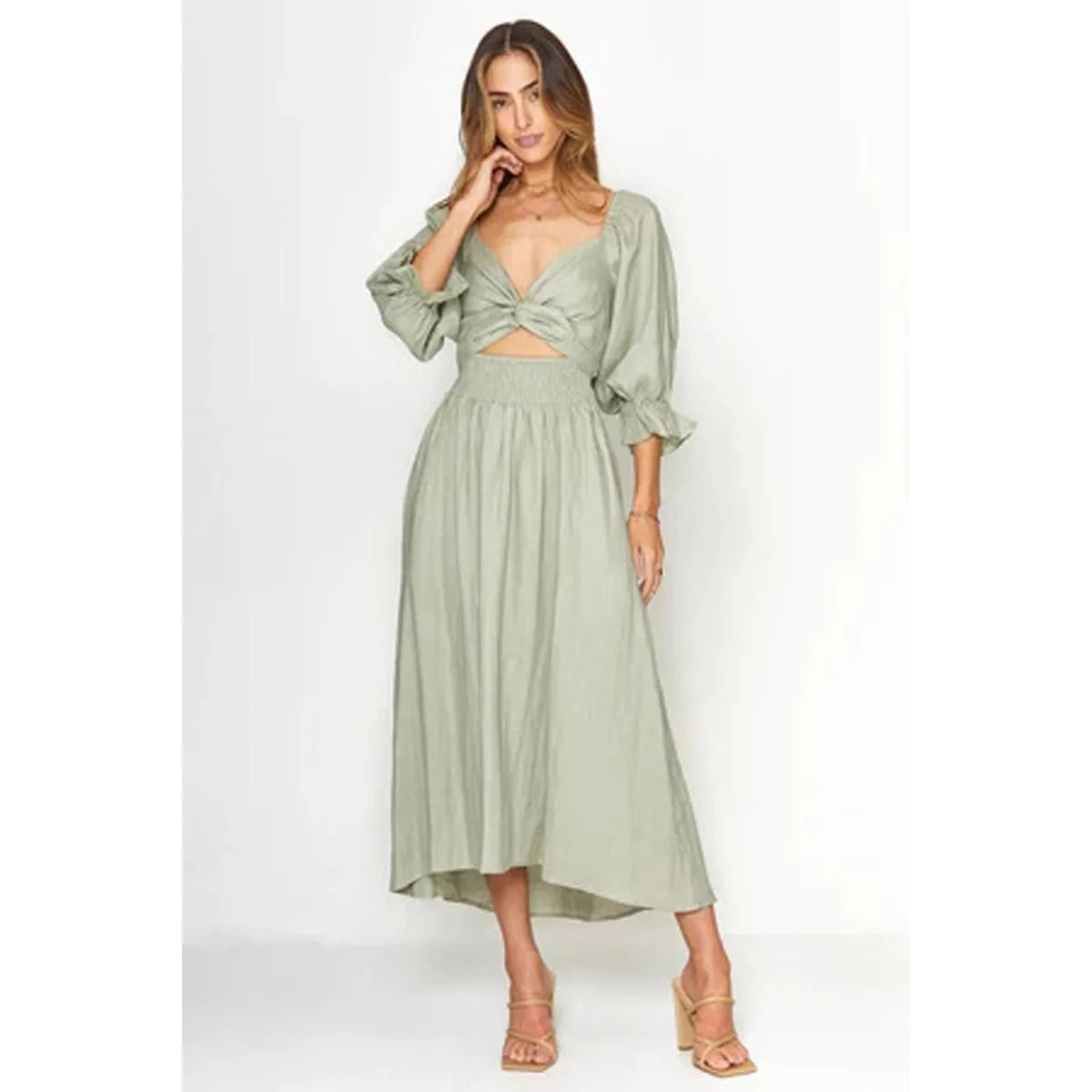 Smocked Tied Flounce Sleeve Midi Dress