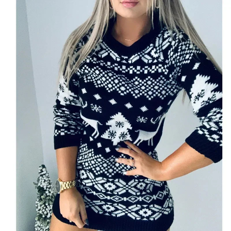 Christmas Element Round Neck Mini Sweater Dress