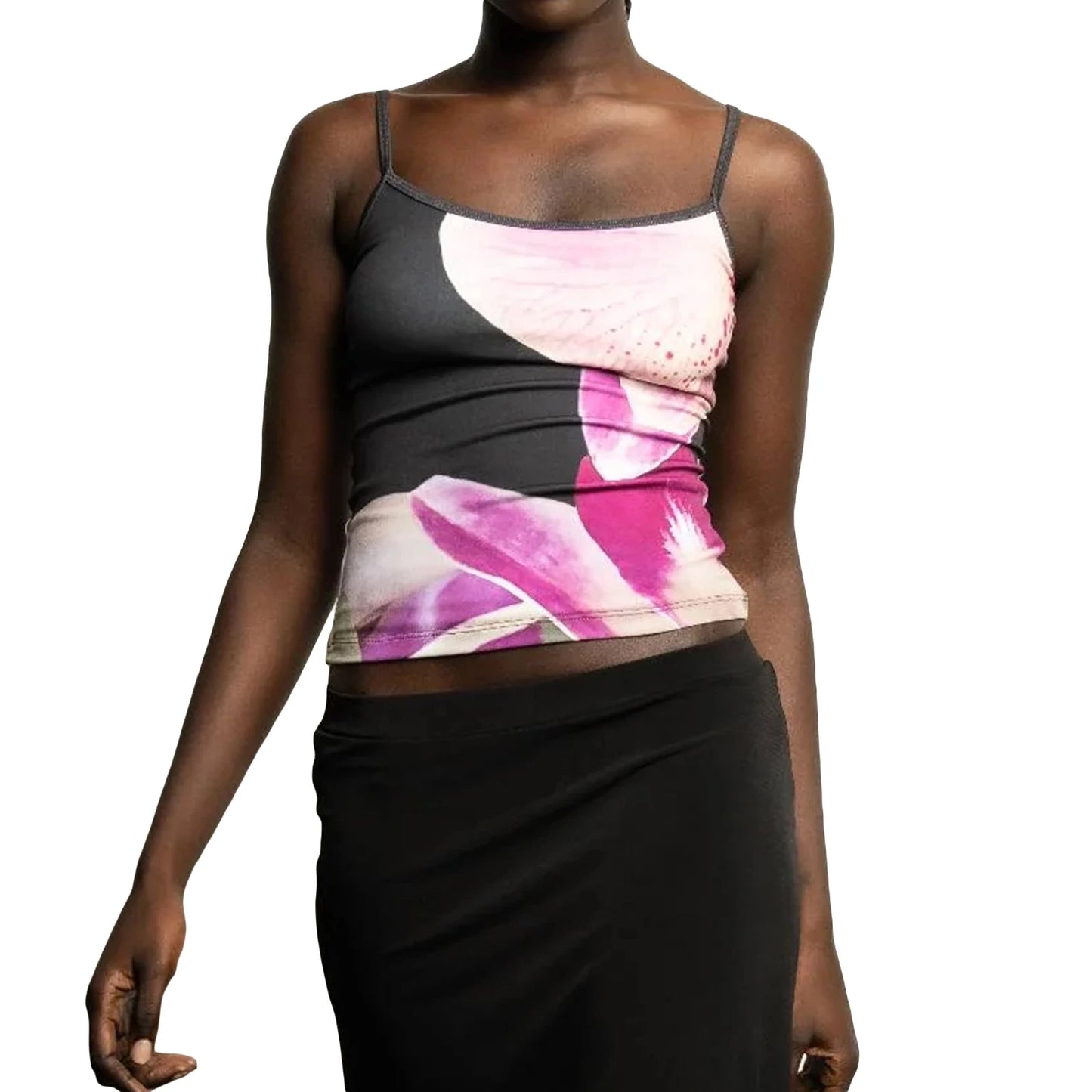 Tessa’s Floral Print Backless Spaghetti Strap Slim Crop Top