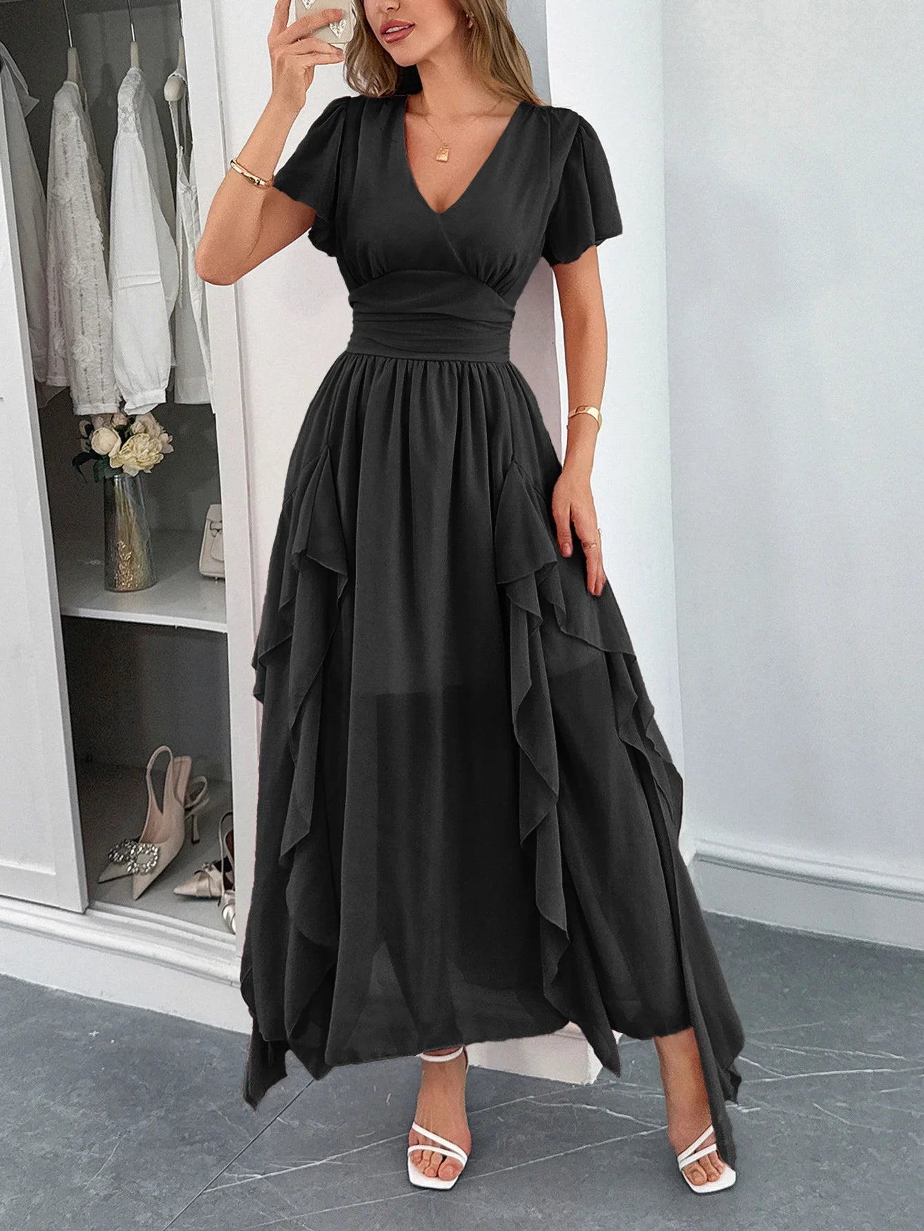 Elegant short-sleeved deep V long dress
