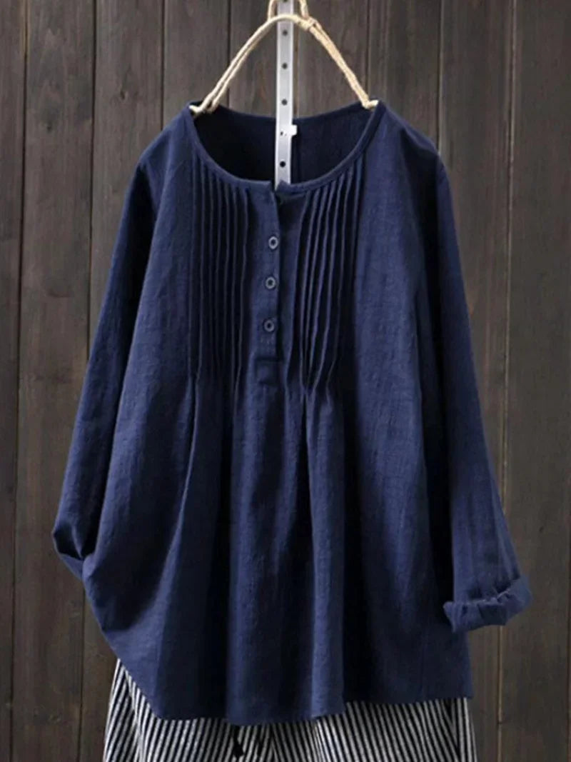 Cotton Linen Pleated Round Neck Long Sleeve Shirt