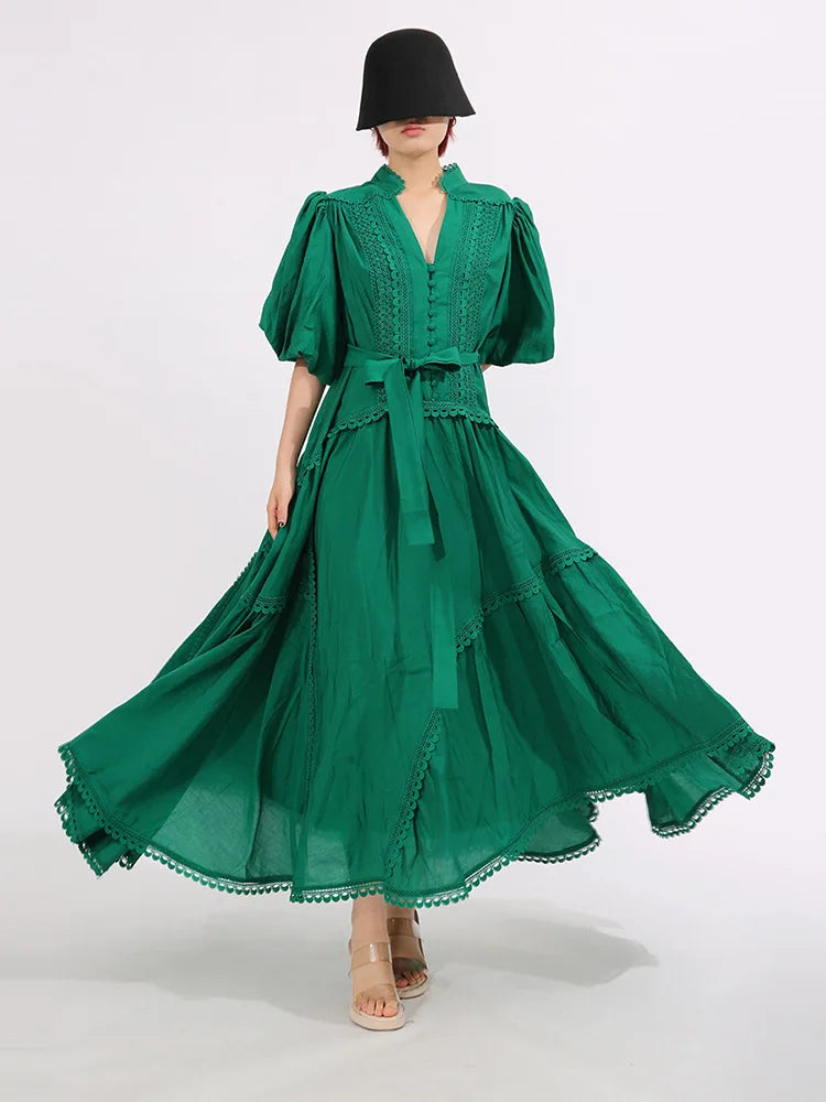 French ElegantLace Detail Notched Puff Sleeve Maxi Dress