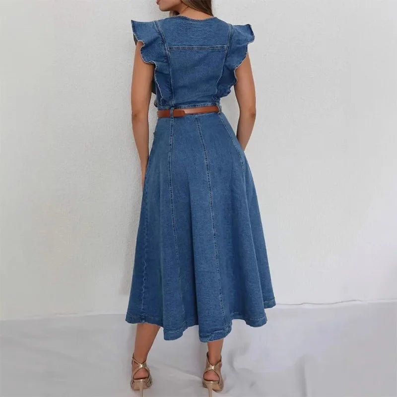 Button-Front Ruffle Sleeve Denim Midi Dress