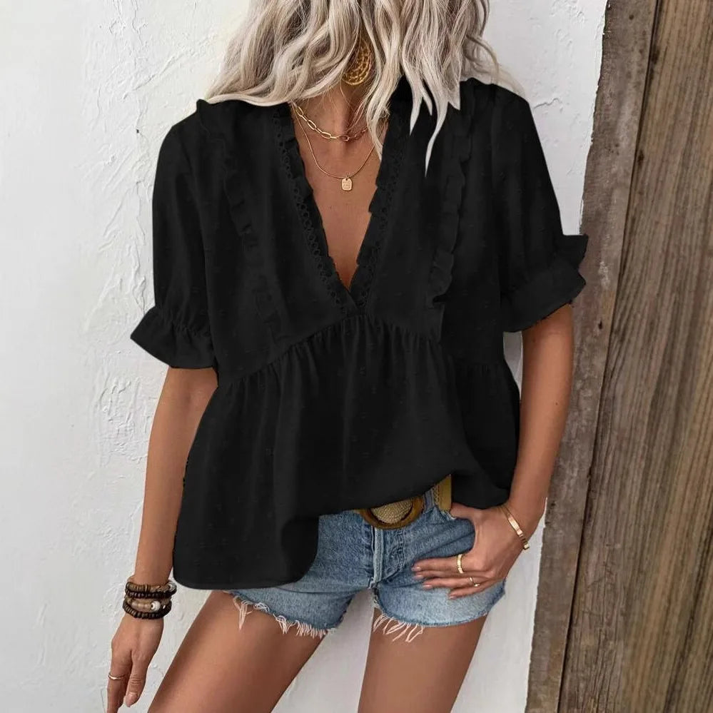 Swiss Dos Ruffled V-Neck Blouse