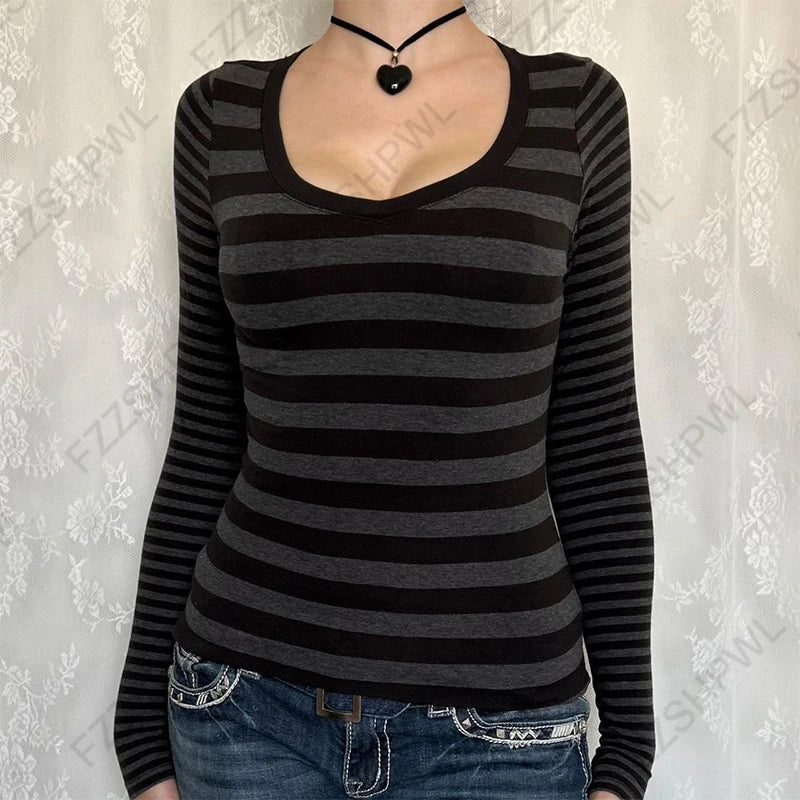 Striped Long Sleeve Contrast T-Shirt