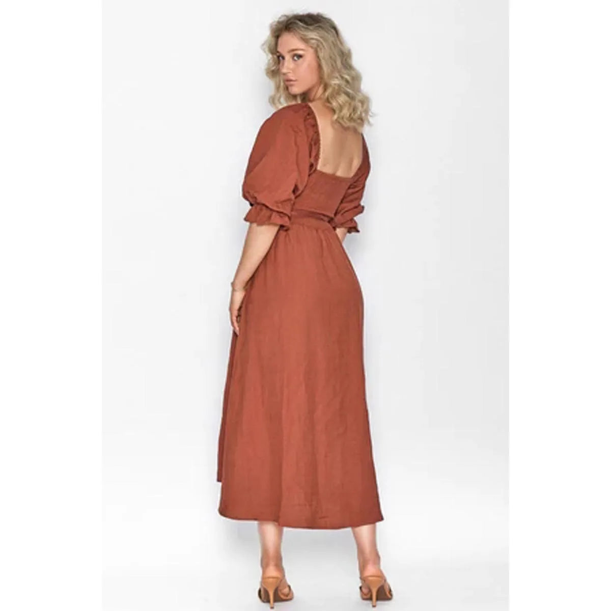 Smocked Tied Flounce Sleeve Midi Dress