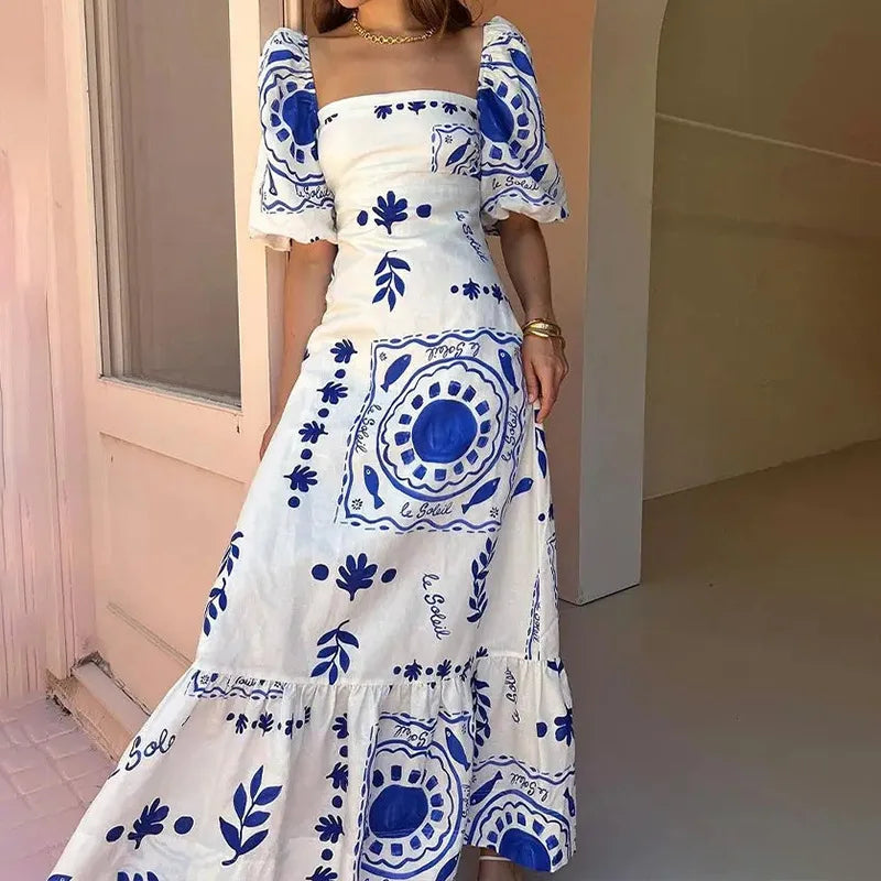 Floral Square Neck Puff Sleeve Maxi Dress with Ruffle Hem