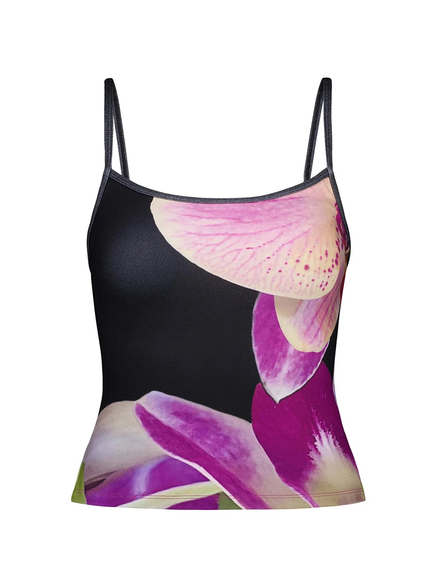 Tessa’s Floral Print Backless Spaghetti Strap Slim Crop Top