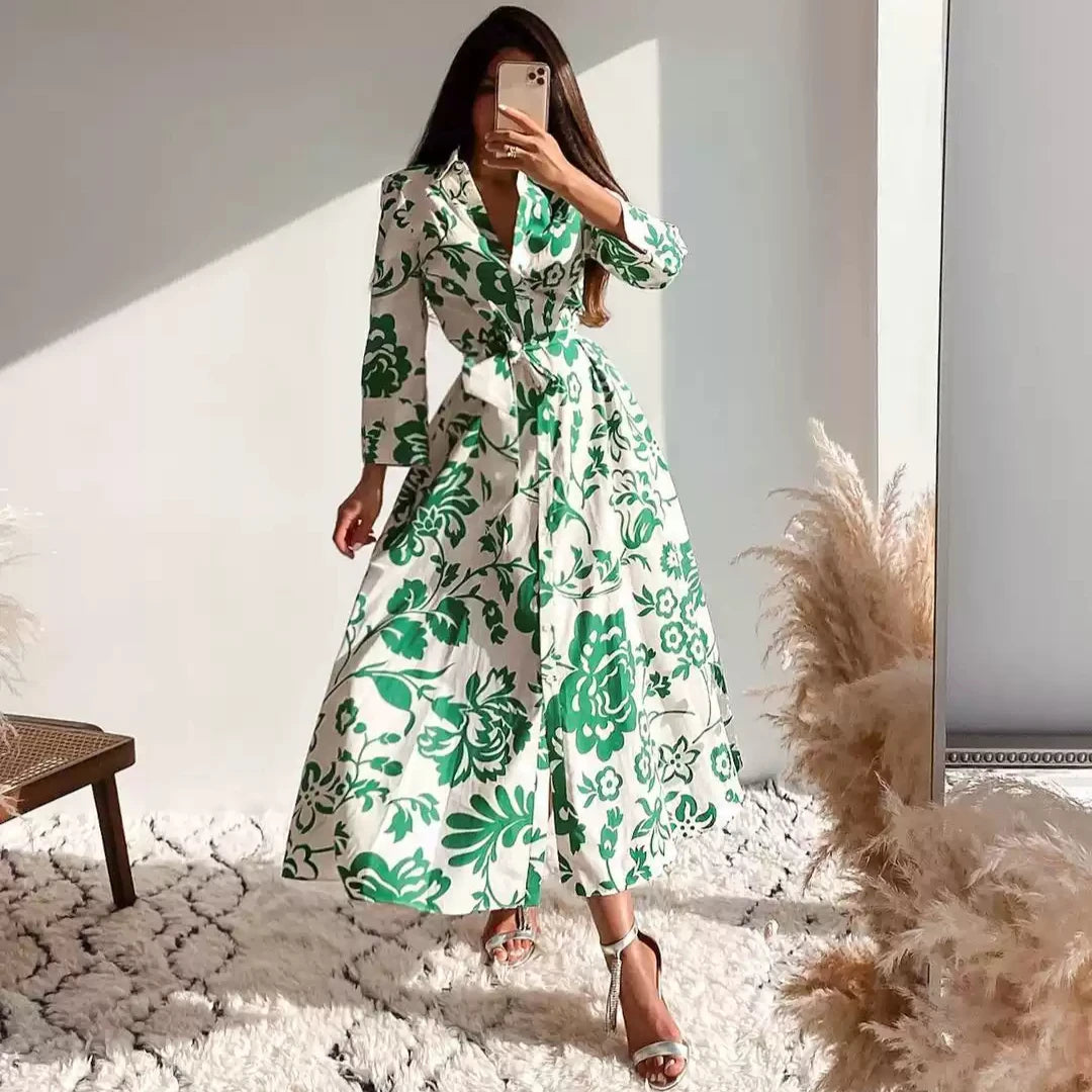 Cotton Printed Tie Waist Shirt Dress