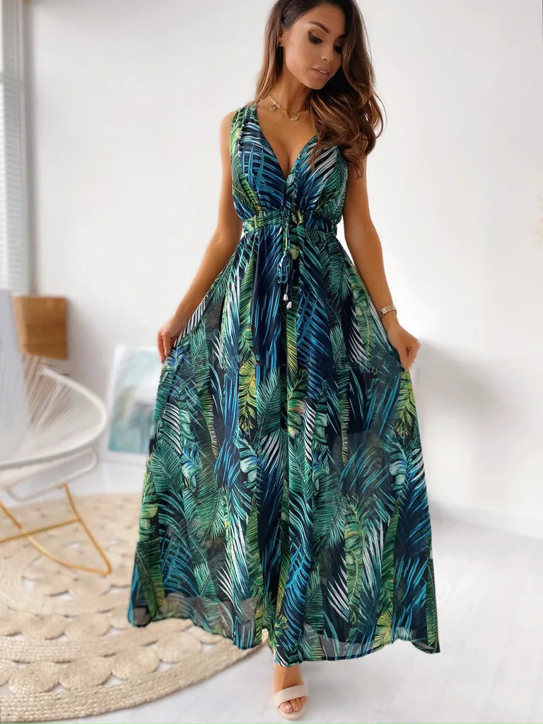 Leaf Print Sleeveless Maxi Dress