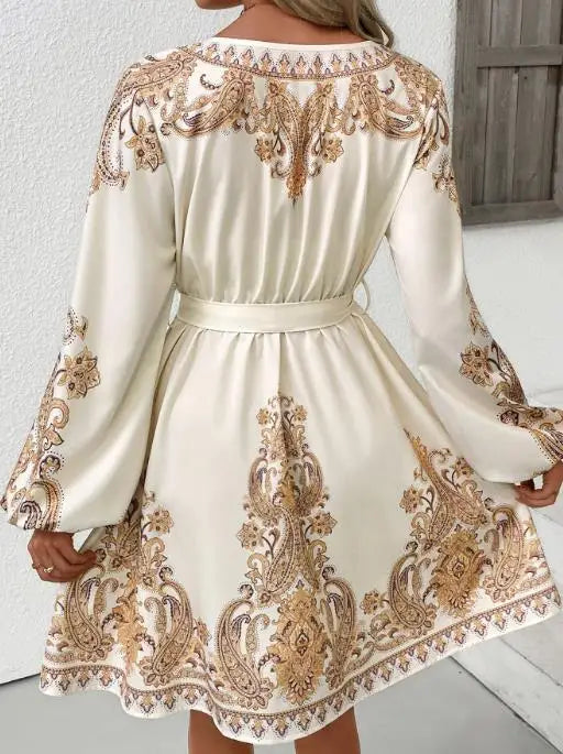 Elegant ethnic retro style V-neck paisley print dress