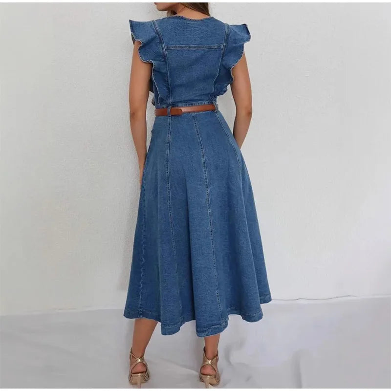 Button-Front Ruffle Sleeve Denim Midi Dress
