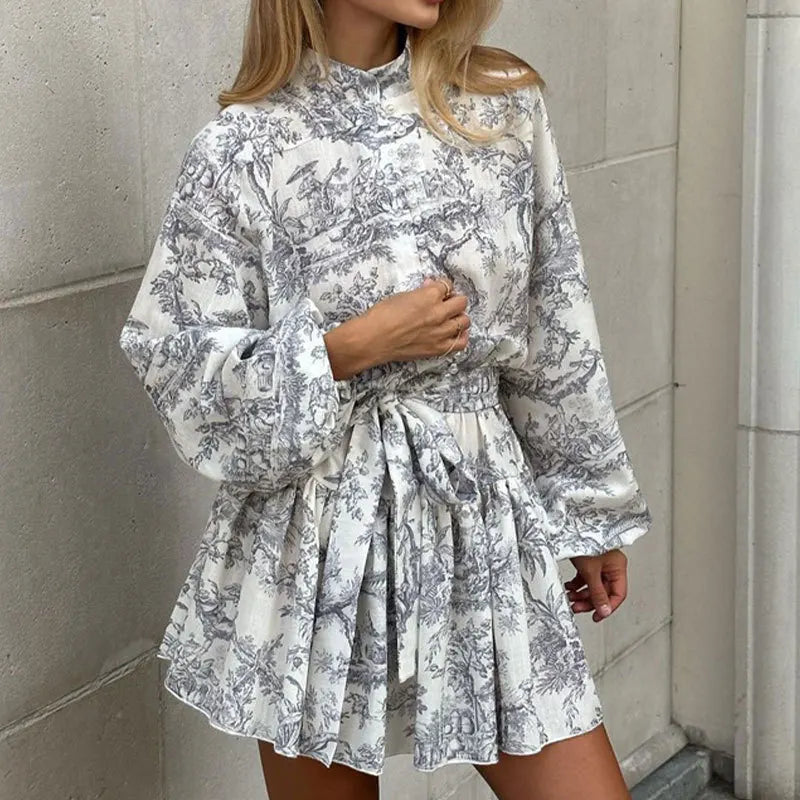Nyla’s Retro Botanical Puff Sleeve Upright Collar Waist Lace-Up A-Line Mini Dress